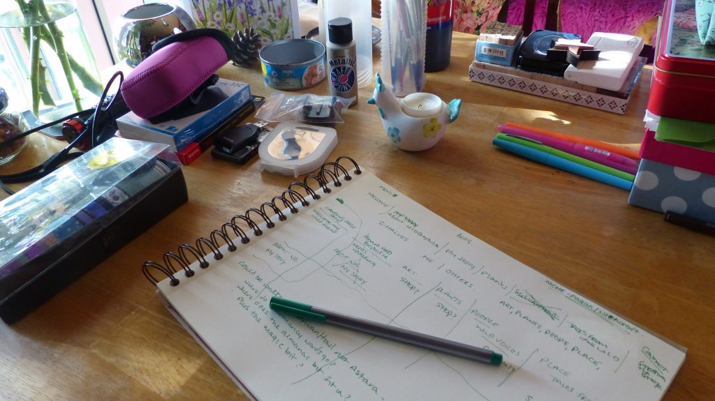 A desk showing a notpad surronded by pens with a layout drawn upon the page.